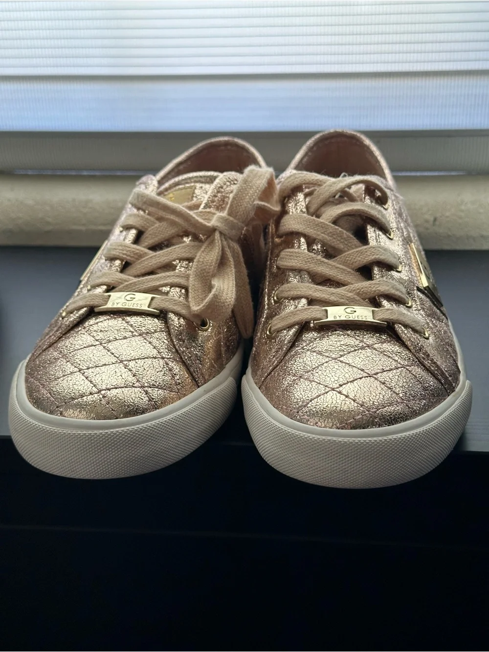 G by Guess Metallic Rose Gold Quilted Lace-Up Sneakers